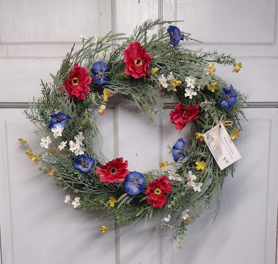 PM48 - Wreath with Red Poppies accented with blue, white, yellow