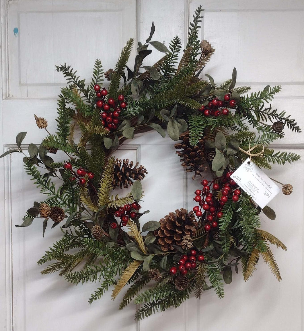 W102 - Winter Greenery Wreath with Red Berries & Pinecones