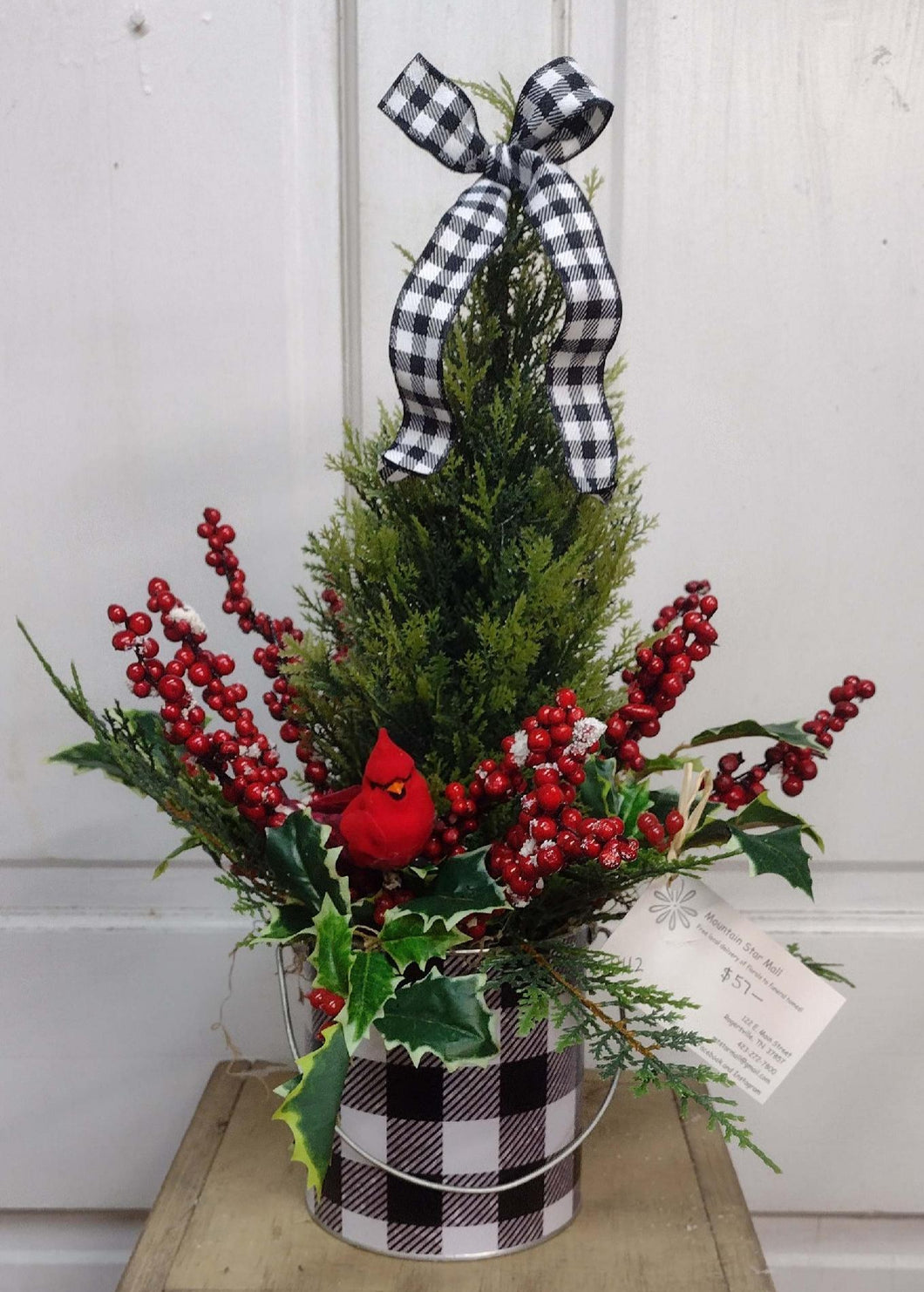 W112 - Winter Tree Arrangement in a Black & White Tin