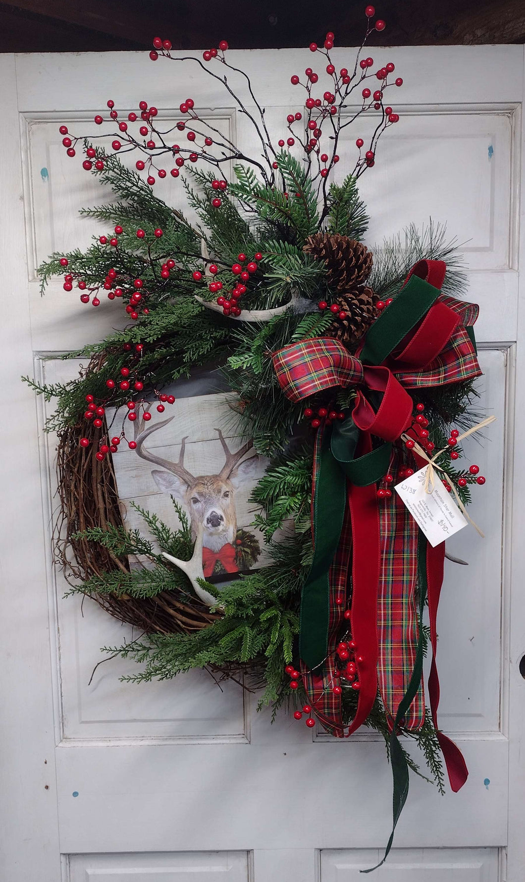 W138 - Winter Grapevine Wreath with Deer Plaque & Antlers