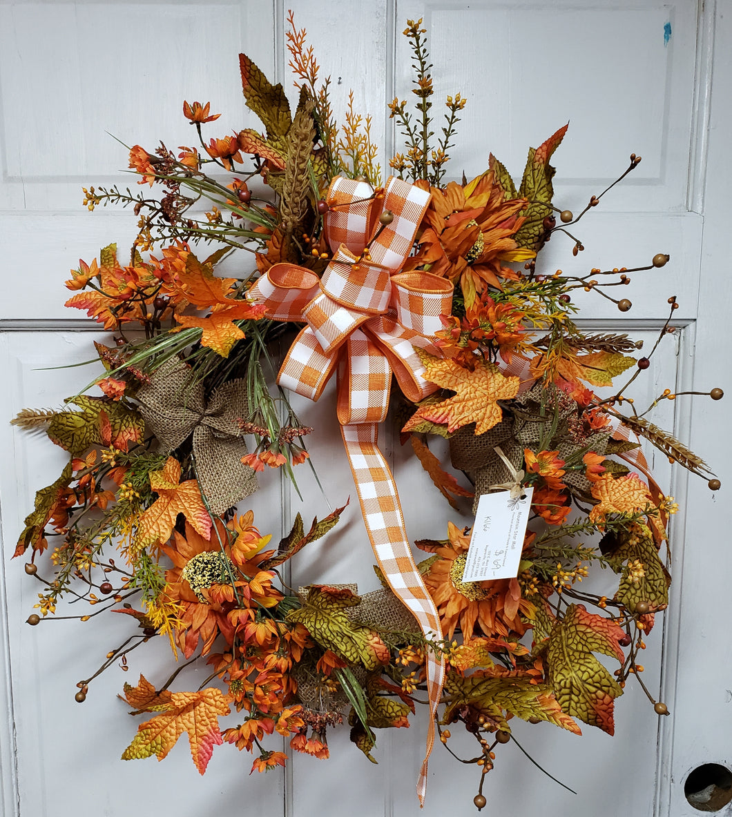 K166 - Fall Wreath with Orange Sunflowers & Burlap Accents