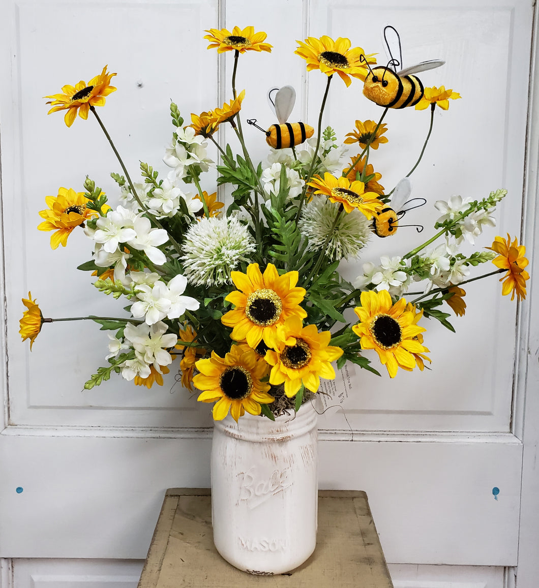 K355 - Arrangement in a White Ball Jar with Bees