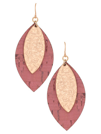Cork & Metal Leaf Earrings - Rose Pink