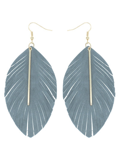Leather Feather with Bar Earrings - Gray