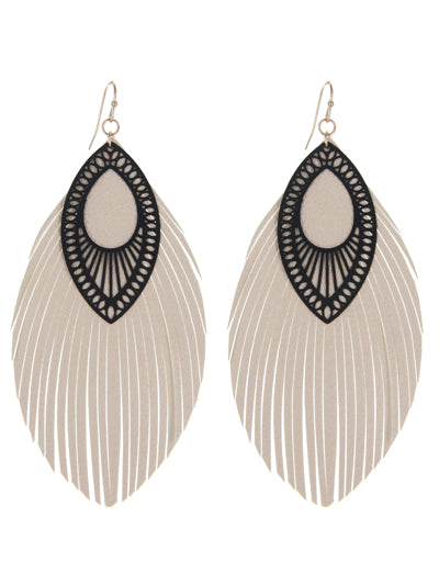 Metal and Leather Feather Filigree Earrings - Ivory