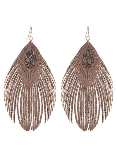 Metal Leather Feather Filigree Earrings - Rose Gold