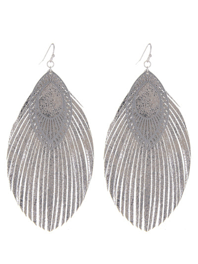 Metal Leather Feather Filigree Earrings - Silver